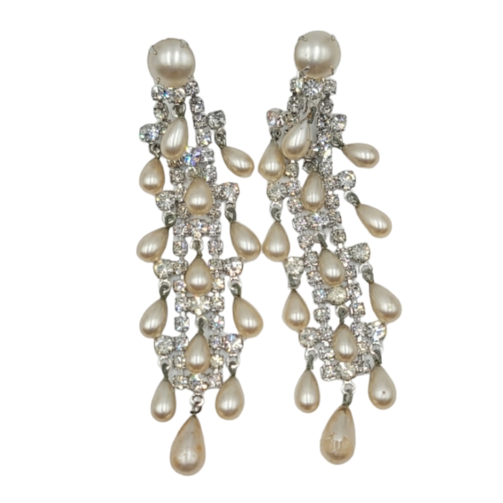 Vintage Earrings Clip On Rhinestone Faux Pearls Dangle